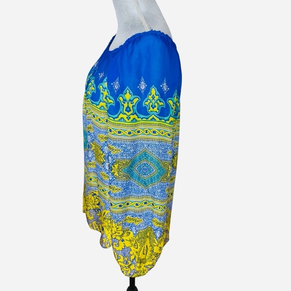 Hale Bob 100% Silk, Oversized Blue & Yellow Patterned Blouse, On/Off Shoulder S - Picture 3 of 11